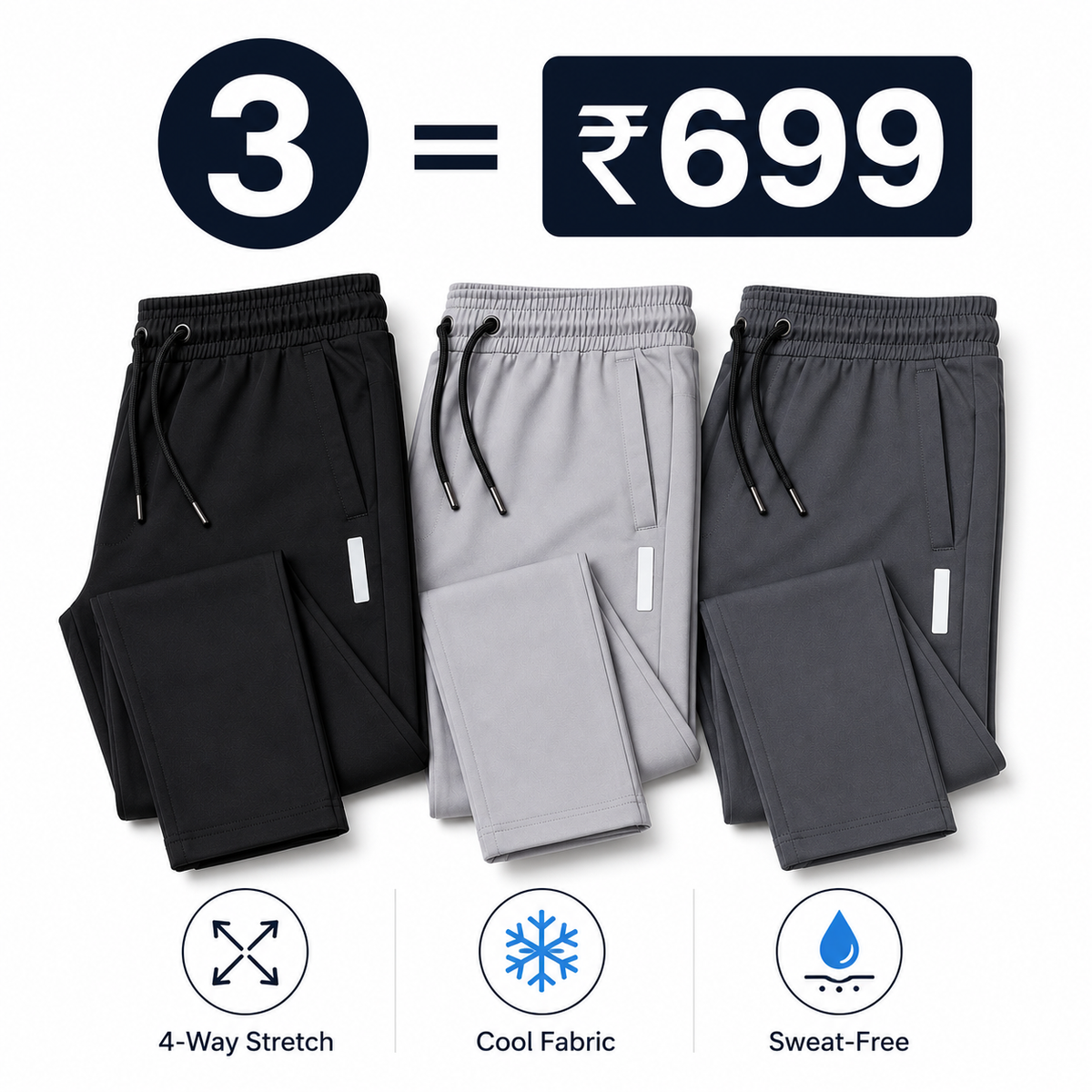 Lycra Pants – Pack of 3 | Black, Light Grey & Dark Grey | Super Stretch & Sweat-Free Comfort